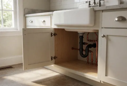 Armoire ouverte révélant les tuyaux en cuivre et l'évacuation noire sous un évier blanc dans une cuisine baignée de lumière naturelle.