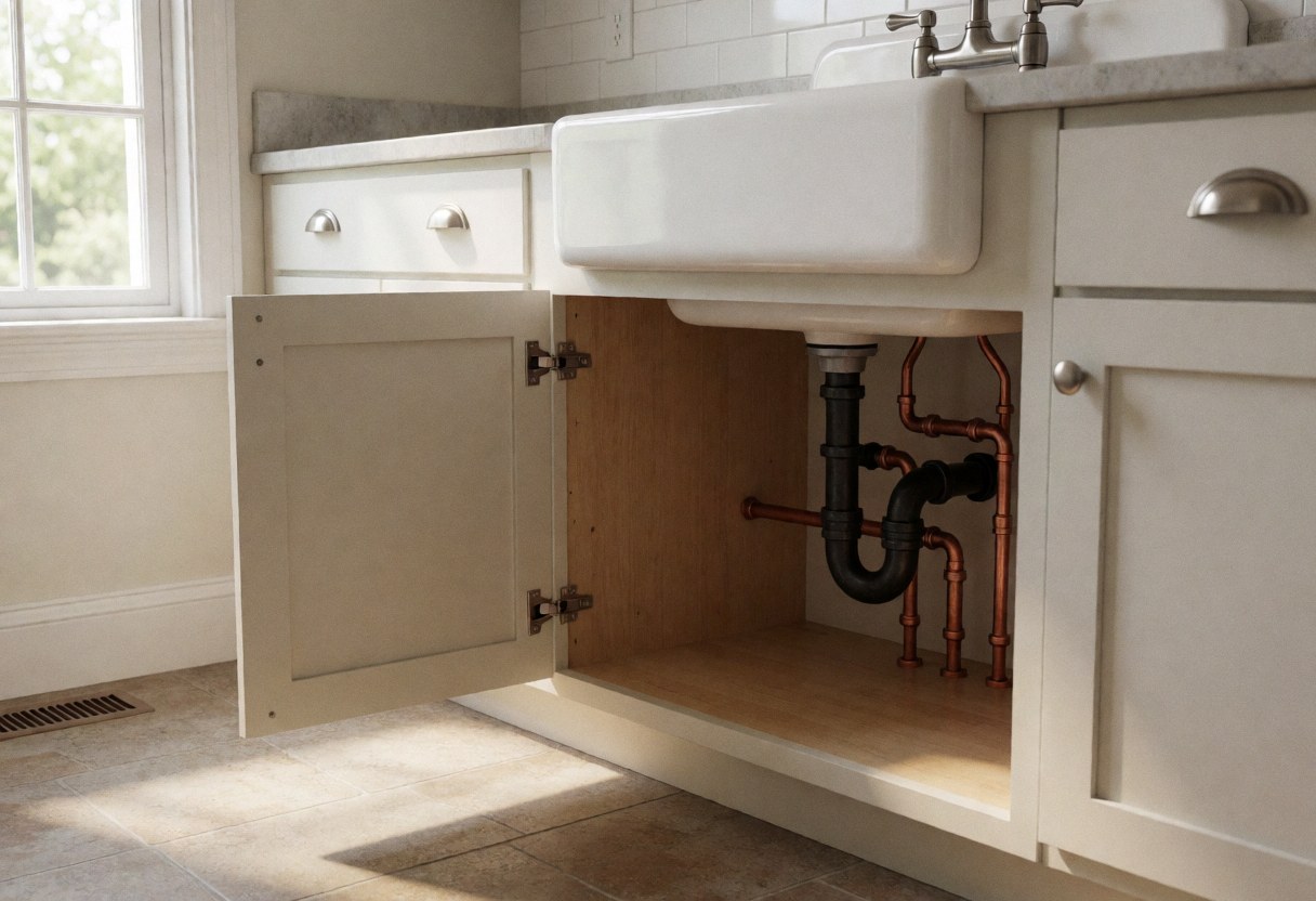 Armoire ouverte révélant les tuyaux en cuivre et l'évacuation noire sous un évier blanc dans une cuisine baignée de lumière naturelle.