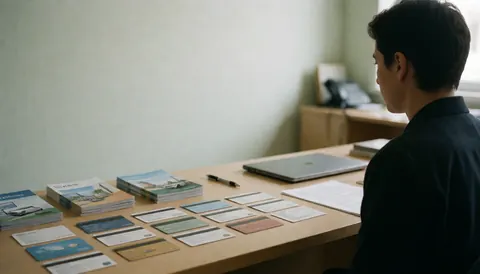 Bureau de réception d'agence de voyages avec brochures, cartes d'assurance et ordinateur portable, personne travaillant de dos dans un bureau bien éclairé.