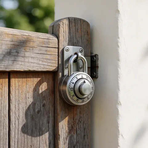 Cadenas de combinaison métallique sur une vieille porte en bois, avec un mur blanc et une ombre de soleil, idéal pour un service de réparation de serrures.