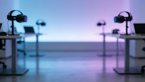 Fond de centre de divertissement avec casques VR sur des supports, des tables avec des ordinateurs et un sol poli sous un éclairage bleu et violet.