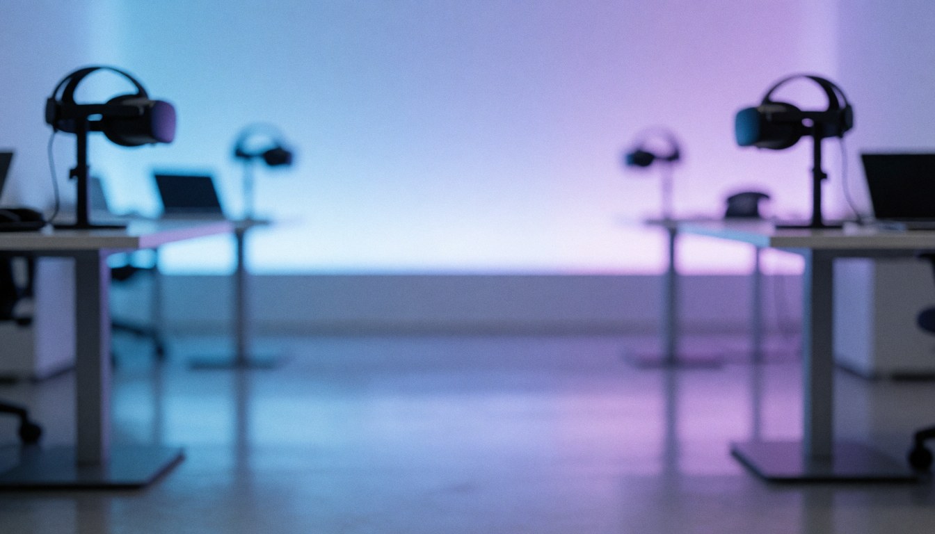 Fond de centre de divertissement avec casques VR sur des supports, des tables avec des ordinateurs et un sol poli sous un éclairage bleu et violet.