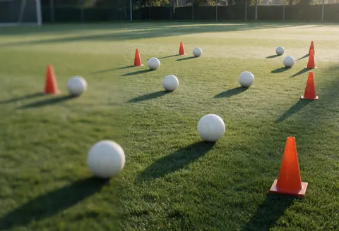 Terrain de football avec des cônes orange et des ballons blancs prêts pour l'entraînement, éclairage matinal, idéal pour un entraîneur de football.