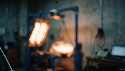 Arrière-plan flou d'un atelier de peinture automobile avec cabine de séchage et murs en béton, offrant une texture professionnelle idéale pour superposer du texte.