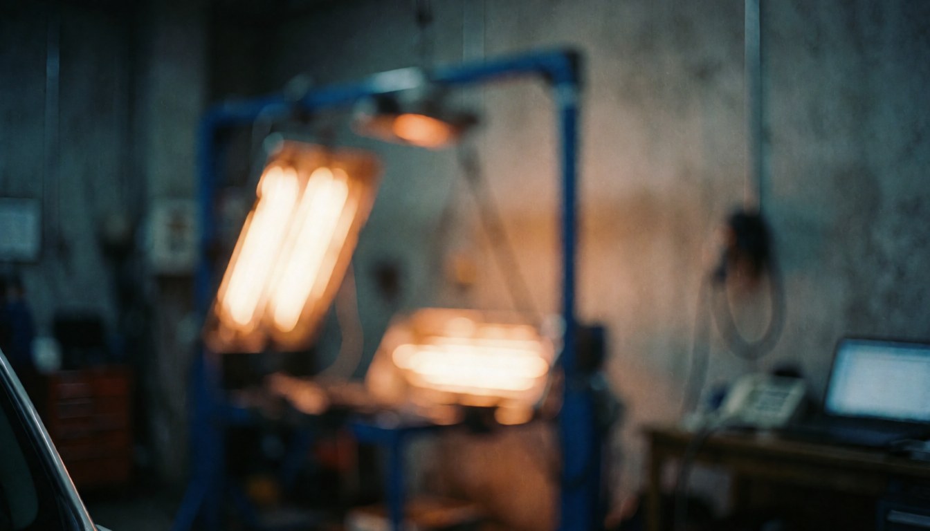 Arrière-plan flou d'un atelier de peinture automobile avec cabine de séchage et murs en béton, offrant une texture professionnelle idéale pour superposer du texte.