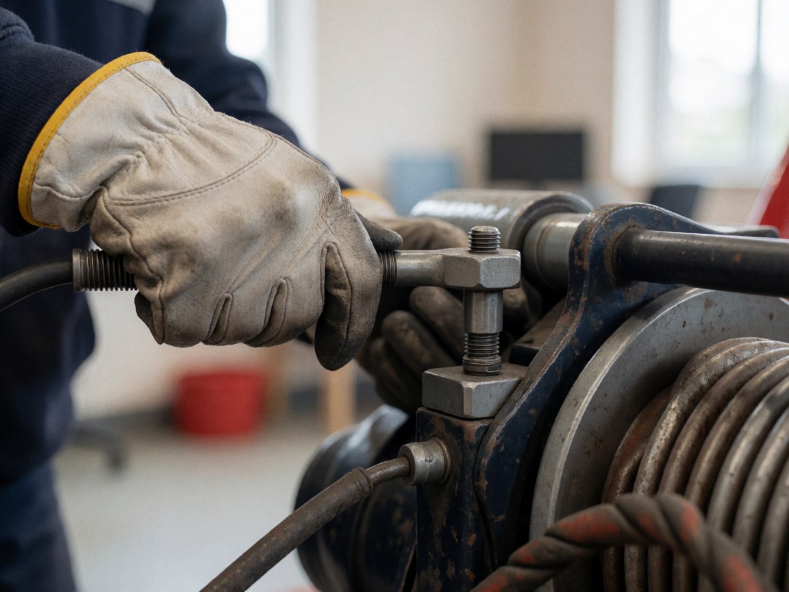 Gros plan d'une main portant un gant de travail serrant un boulon sur une chaîne hydraulique dans un atelier industriel pour le recyclage de véhicules.