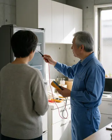 Technicien en uniforme bleu utilise un multimètre sur un réfrigérateur ouvert pendant qu'un client observe dans une cuisine moderne.