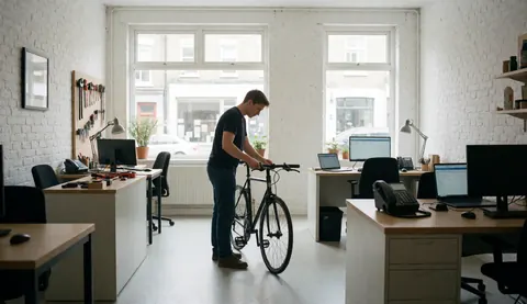 Un mécanicien examine une bicyclette noire dans un atelier aux murs de briques blanches et aux grandes fenêtres laissant entrer la lumière naturelle.