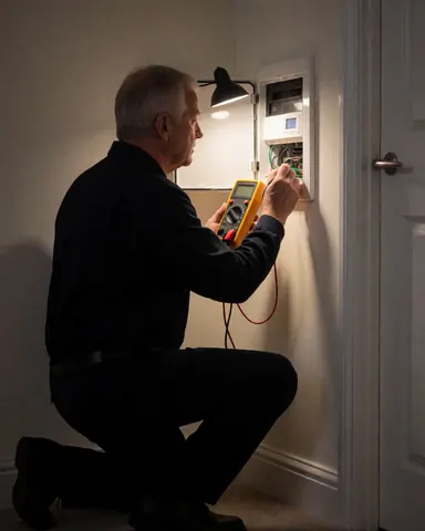 Un technicien effectue une réparation sur un panneau d'alarme à l'aide d'un multimètre, éclairé par une lampe de travail fixée sur un mur clair.