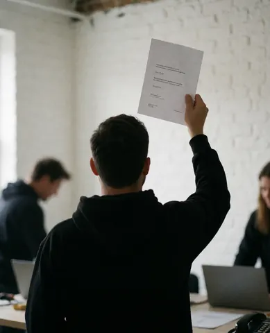 Vue arrière d'une personne tenant un document dans un bureau moderne avec murs en briques blanches et lumière naturelle.