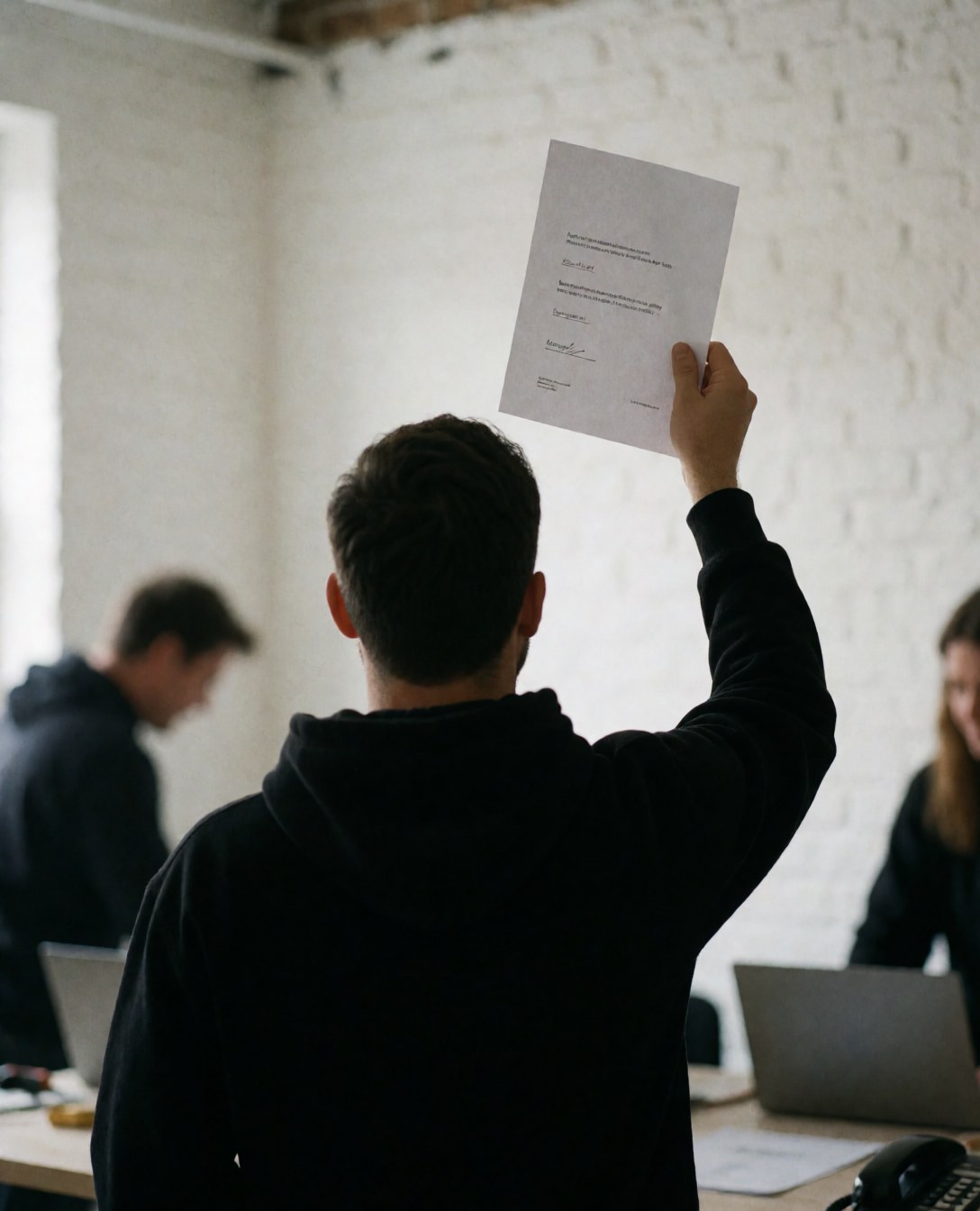 Vue arrière d'une personne tenant un document dans un bureau moderne avec murs en briques blanches et lumière naturelle.