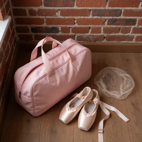 Valise rose, chaussures de pointe et grille à cheveux posés sur un sol en bois avec un mur de briques en arrière-plan pour une école de danse.