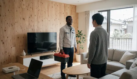 Technicien avec mallette d'outils assisté d'un client dans un salon moderne avec des murs en bois et de la lumière naturelle.