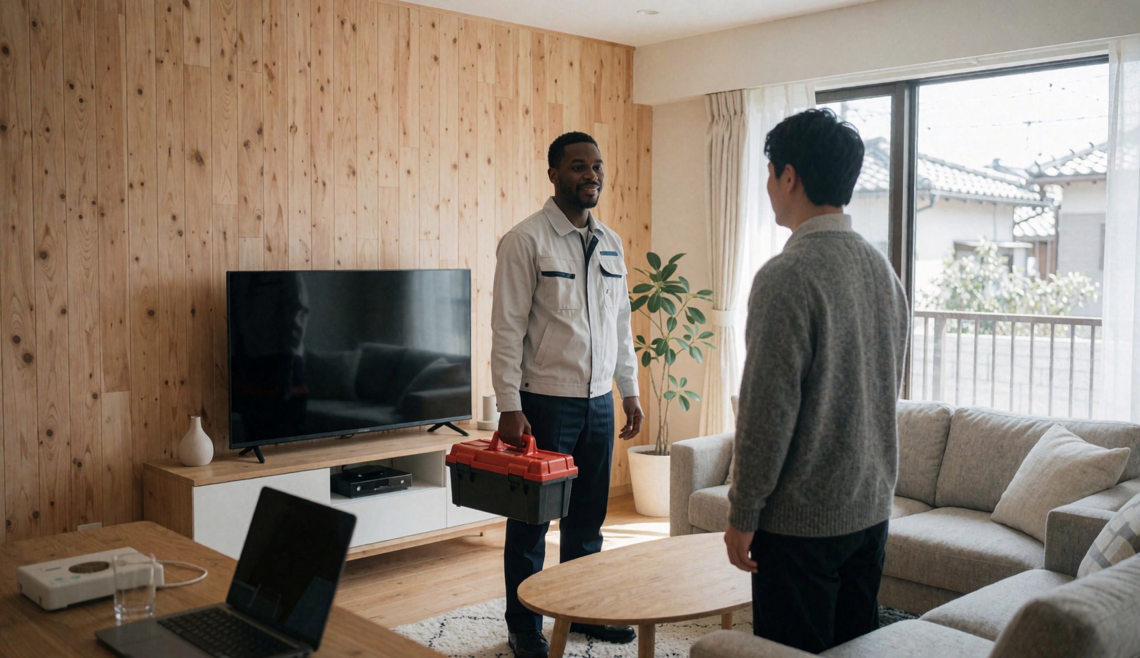 Technicien avec mallette d'outils assisté d'un client dans un salon moderne avec des murs en bois et de la lumière naturelle.
