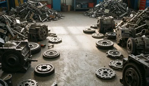 Coffres de boîte de vitesses, embrayages et piles de métal sur un sol en béton dans un atelier de recyclage automobile éclairé par la lumière naturelle.