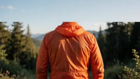 Cycliste de dos portant une veste orange vif sur un sentier en montagne avec forêt et ciel clair, idéal pour site web.