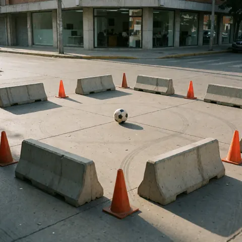 Un ballon de football au milieu de barrières en béton et de cônes orange sur une rue urbaine, prêt pour un entraînement.
