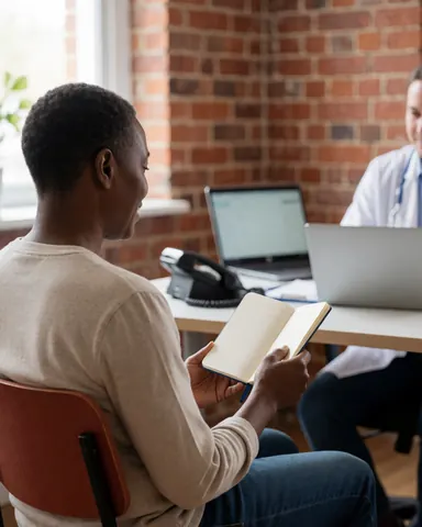 Un patient examine un carnet pendant une consultation médicale dans un bureau avec un mur en briques et un ordinateur portable.