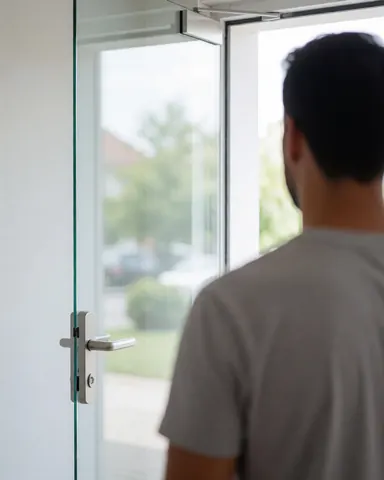 Un client observe avec satisfaction la nouvelle porte en verre installée à l'entrée de son domicile, dotée d'une poignée métallique et d'un mur blanc.