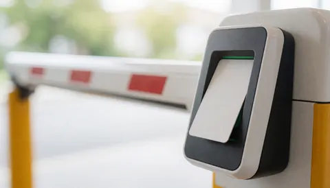 Lecteur de carte d'accès sur une barrière de parking avec un fond flou et une lumière naturelle, idéal pour les services de stationnement.