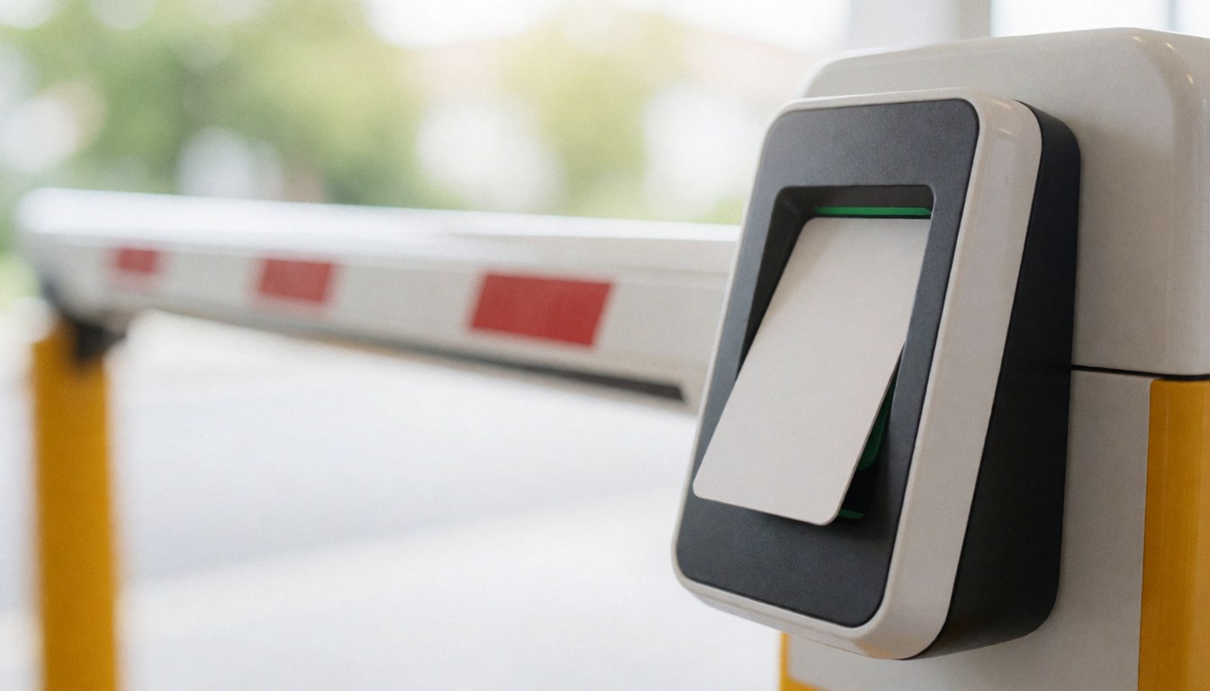 Lecteur de carte d'accès sur une barrière de parking avec un fond flou et une lumière naturelle, idéal pour les services de stationnement.