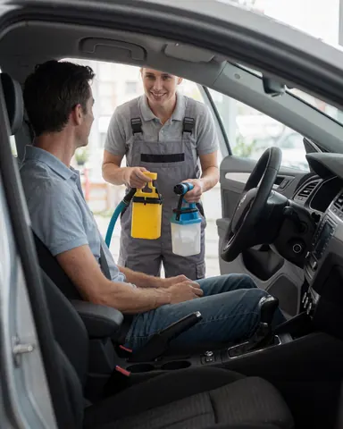 Intérieur de voiture propre et brillant, professionnel de nettoyage avec outils en main, client satisfait après le service.