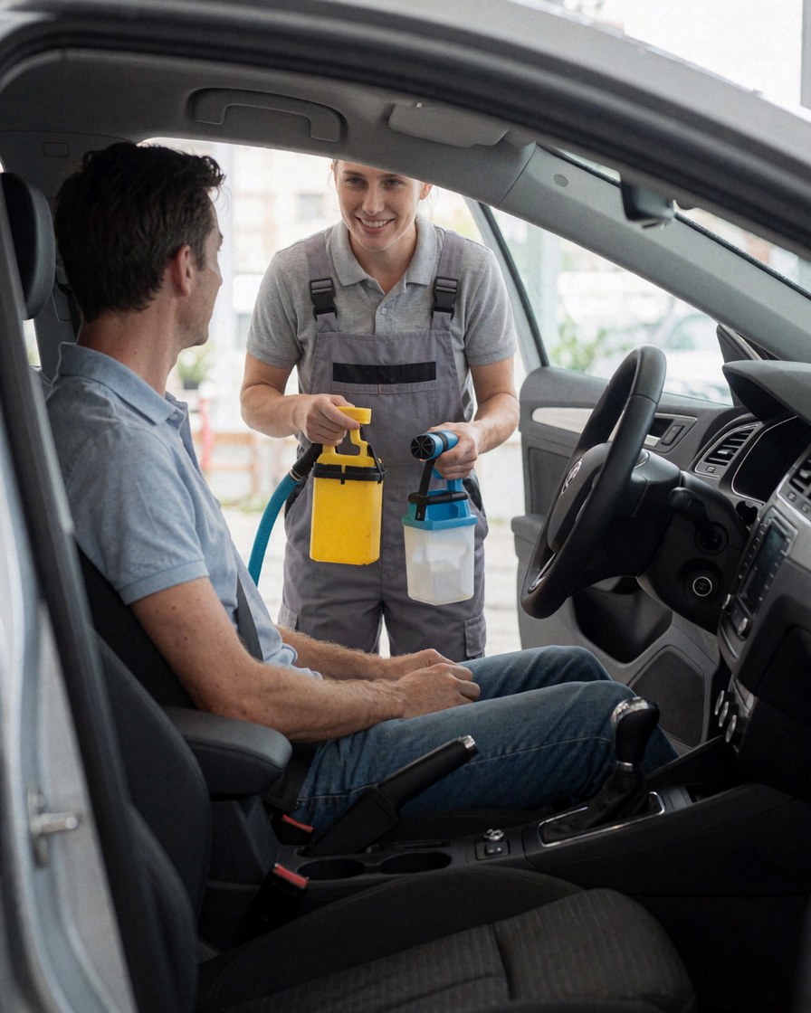 Intérieur de voiture propre et brillant, professionnel de nettoyage avec outils en main, client satisfait après le service.