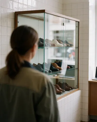 Une cliente observe des chaussures exposées dans une vitrine de magasin aux murs carrelés blancs et à la lumière naturelle.