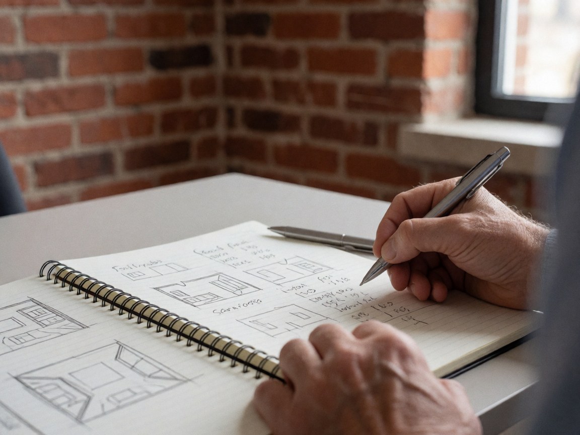 Une main tenant un stylo écrit des calculs et des croquis de sols dans un cahin sur un mur de briques, illustrant le travail d'un installateur de parquet en liège.