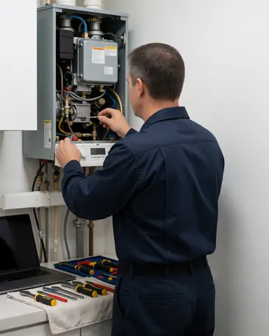 Technicien en uniforme bleu ajustant les composants d'une chaudière dans une pièce aux murs blancs avec des outils posés sur une serviette.