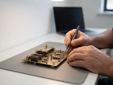 Mains utilisant des pinces pour ajuster des pines métalliques dans un mécanisme de serrure en bronze sur une surface grise.