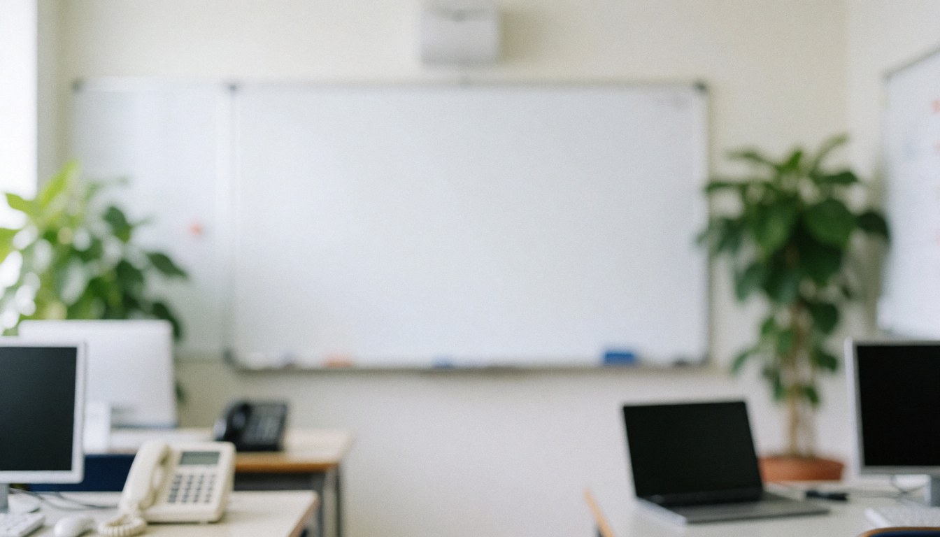 Arrière-plan de classe d'espagnol avec tableau blanc, plantes vertes et ordinateurs sur des tables, idéal pour textes.