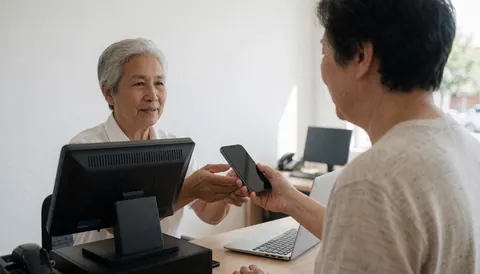 Un technicien en réparation de téléphones remet un appareil à un client dans un magasin, avec un terminal de paiement et un ordinateur portable sur le comptoir.