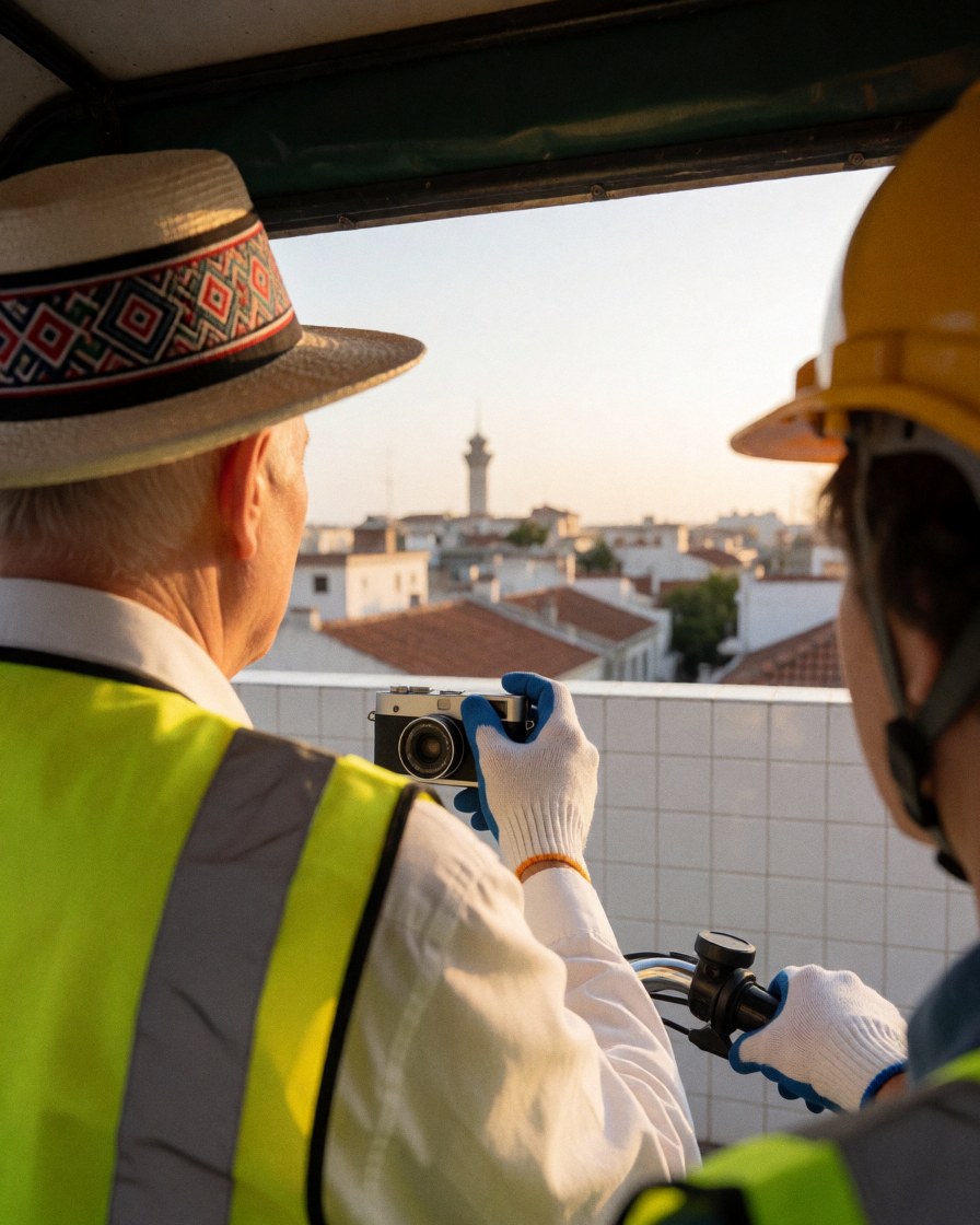 Cliente satisfaite prenant des photos de la ville depuis un vélo-taxi, portant un chapeau traditionnel, avec vue sur les toits et une tour au coucher du soleil doré, dans un cadre sécurisé.