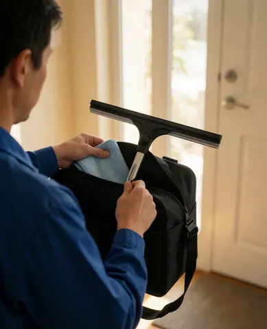 Un professionnel de la nettoyage range sa raclette et son chiffron dans un sac noir dans un couloir résidentiel éclairé par une lumière chaude.