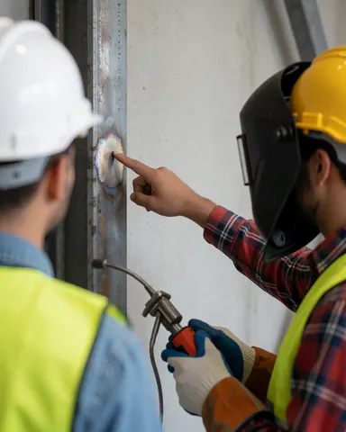 Deux travailleurs en casques et gilets inspectent une soudure sur une structure métallique dans un atelier industriel.