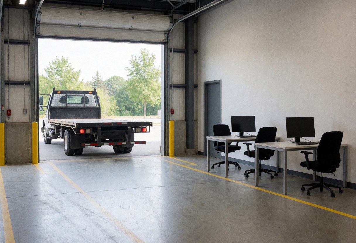 Un camion plat est stationné devant une porte de garage ouverte dans un entrepôt avec des bureaux et des lignes jaunes, idéal pour la logistique et le transport.