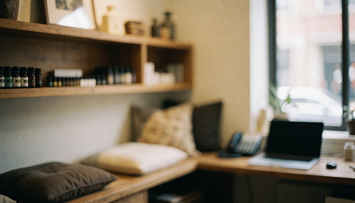 Ardoise en bois avec huiles essentielles et coussins, ambiance chaleureuse et relaxante, idéale pour textes et promotions liées au bien-être.