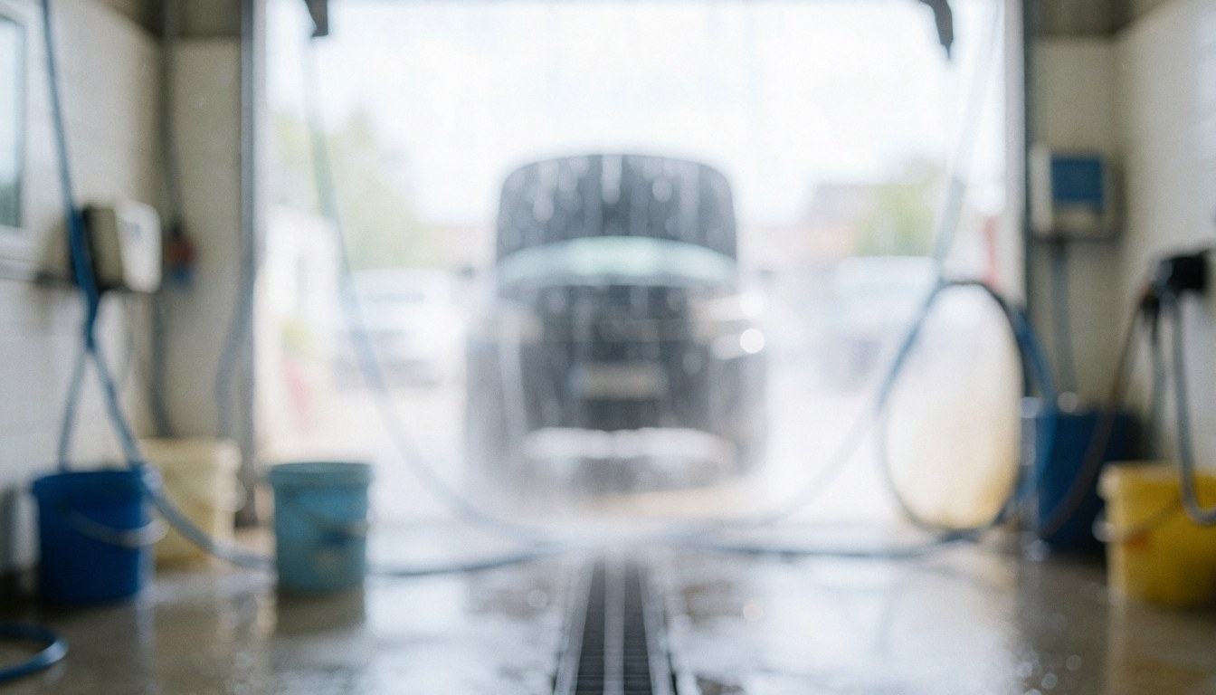 Arrière-plan flou d'une station de lavage automobile avec un véhicule, des tuyaux et des barils, idéal pour ajouter du texte.