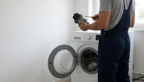 Technicien en combinaison réparant l'ampoule de vidange d'une machine à laver blanche avec espace pour texte à gauche