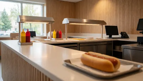 Hot-dog servi sur un plateau en bois, placé sur un comptoir de centre de loisirs, avec des distributeurs de sauces et une ambiance chaleureuse en arrière-plan.