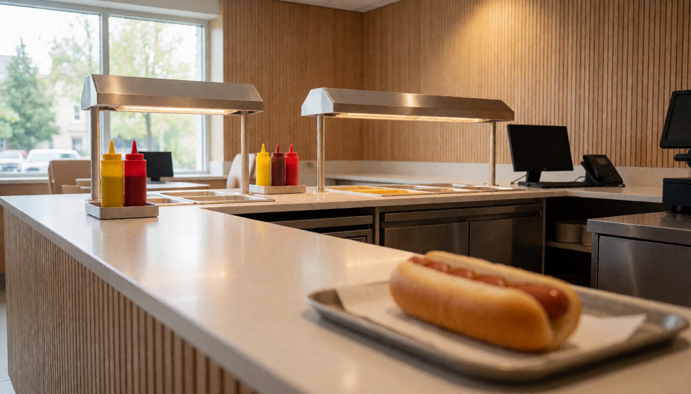 Hot-dog servi sur un plateau en bois, placé sur un comptoir de centre de loisirs, avec des distributeurs de sauces et une ambiance chaleureuse en arrière-plan.