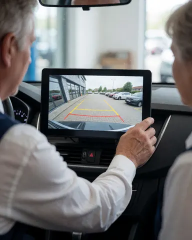 Une cliente ajuste la luminosité de l'écran du moniteur de caméra de recul affichant les lignes de guidage pour le stationnement, illustrant un service d'accessoires automobiles.