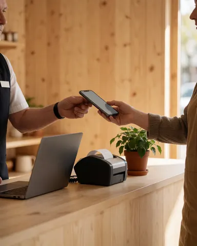 Un client règle sa facture avec son smartphone dans un atelier de réparation de téléphones, devant une caisse enregistreuse et un mur en bois.