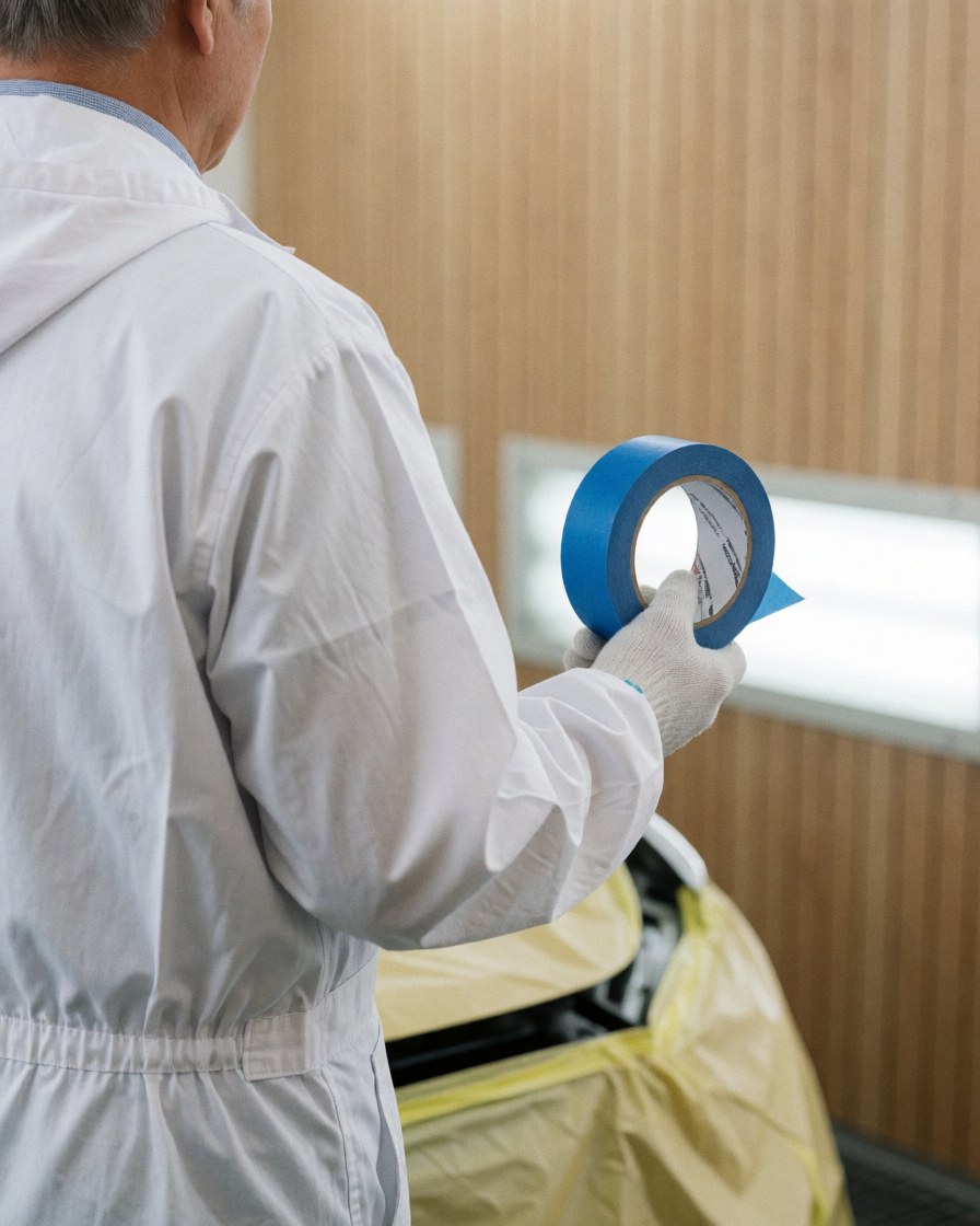 Technicien de peinture portant des gants et du ruban bleu, préparant une carrosserie recouverte de plastique jaune dans un atelier aux murs en bois.