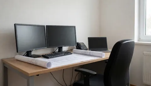 Bureau d'ingénieur équipé de deux écrans, clavier, plans roulés et chaise, éclairé par la lumière naturelle d'une fenêtre, adapté à une couverture de site web.