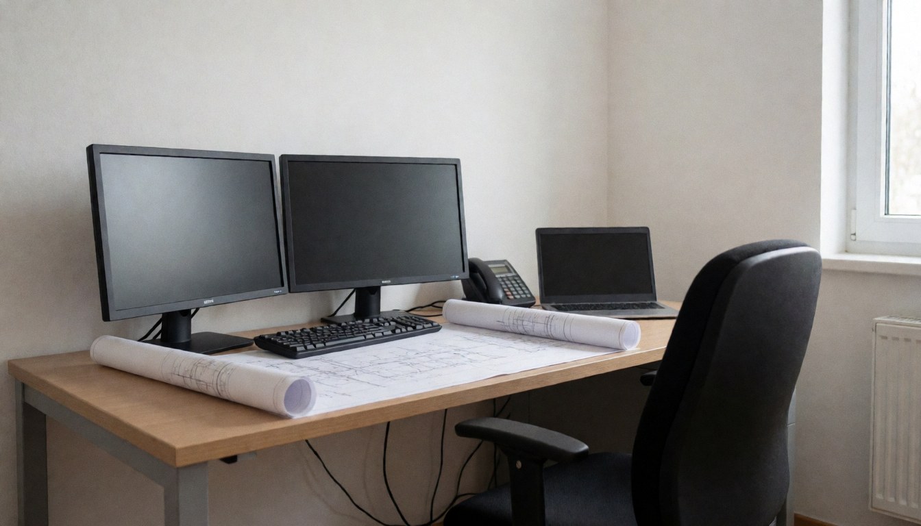 Bureau d'ingénieur équipé de deux écrans, clavier, plans roulés et chaise, éclairé par la lumière naturelle d'une fenêtre, adapté à une couverture de site web.