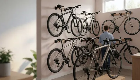 Un technicien examine une bicyclette dans un atelier éclairé par la lumière naturelle, avec plusieurs vélos suspendus aux murs neutres.