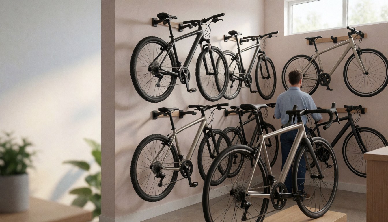 Un technicien examine une bicyclette dans un atelier éclairé par la lumière naturelle, avec plusieurs vélos suspendus aux murs neutres.