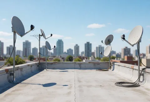 Toit en béton équipé d'antennes satellite et de câbles, avec une vue urbaine en arrière-plan, illustrant les services d'installation technique.